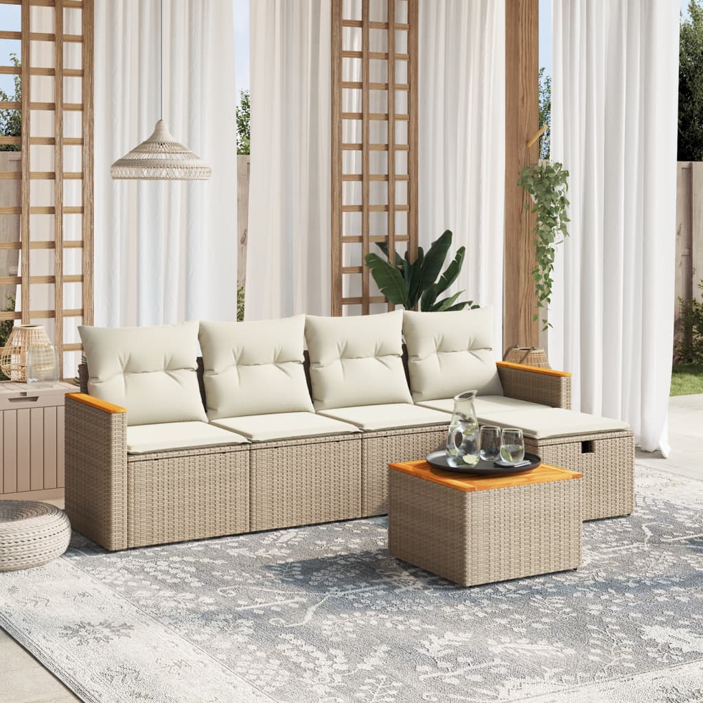 6-delige Loungeset met kussens poly rattan beige