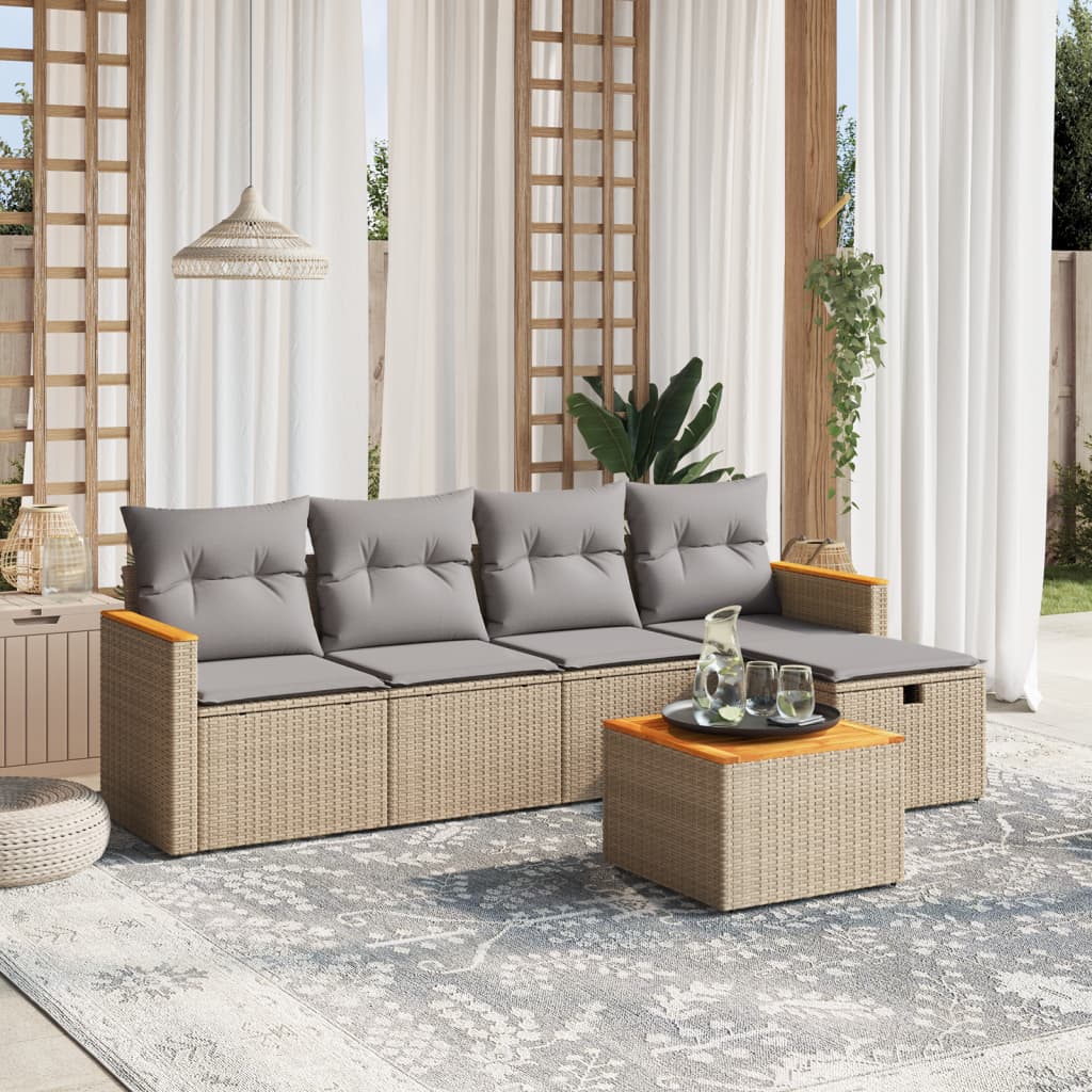 6-delige Loungeset met kussens poly rattan gemengd beige