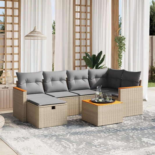 7-delige Loungeset met kussens poly rattan gemengd beige