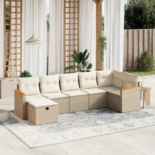 7-delige Loungeset met kussens poly rattan beige