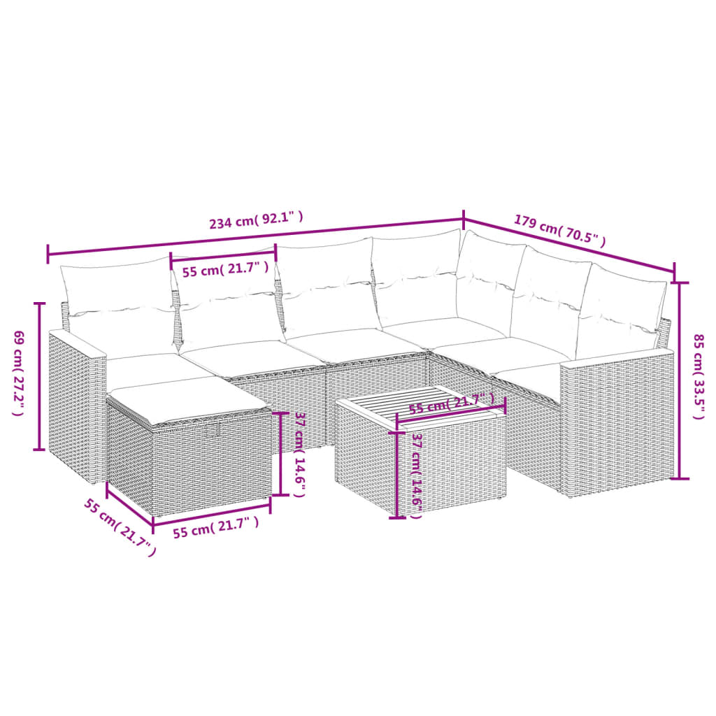 8-delige Loungeset met kussens poly rattan gemengd beige