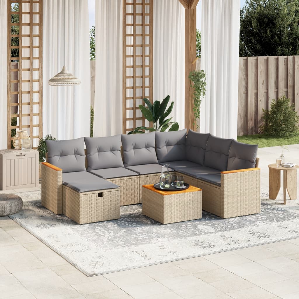 8-delige Loungeset met kussens poly rattan gemengd beige