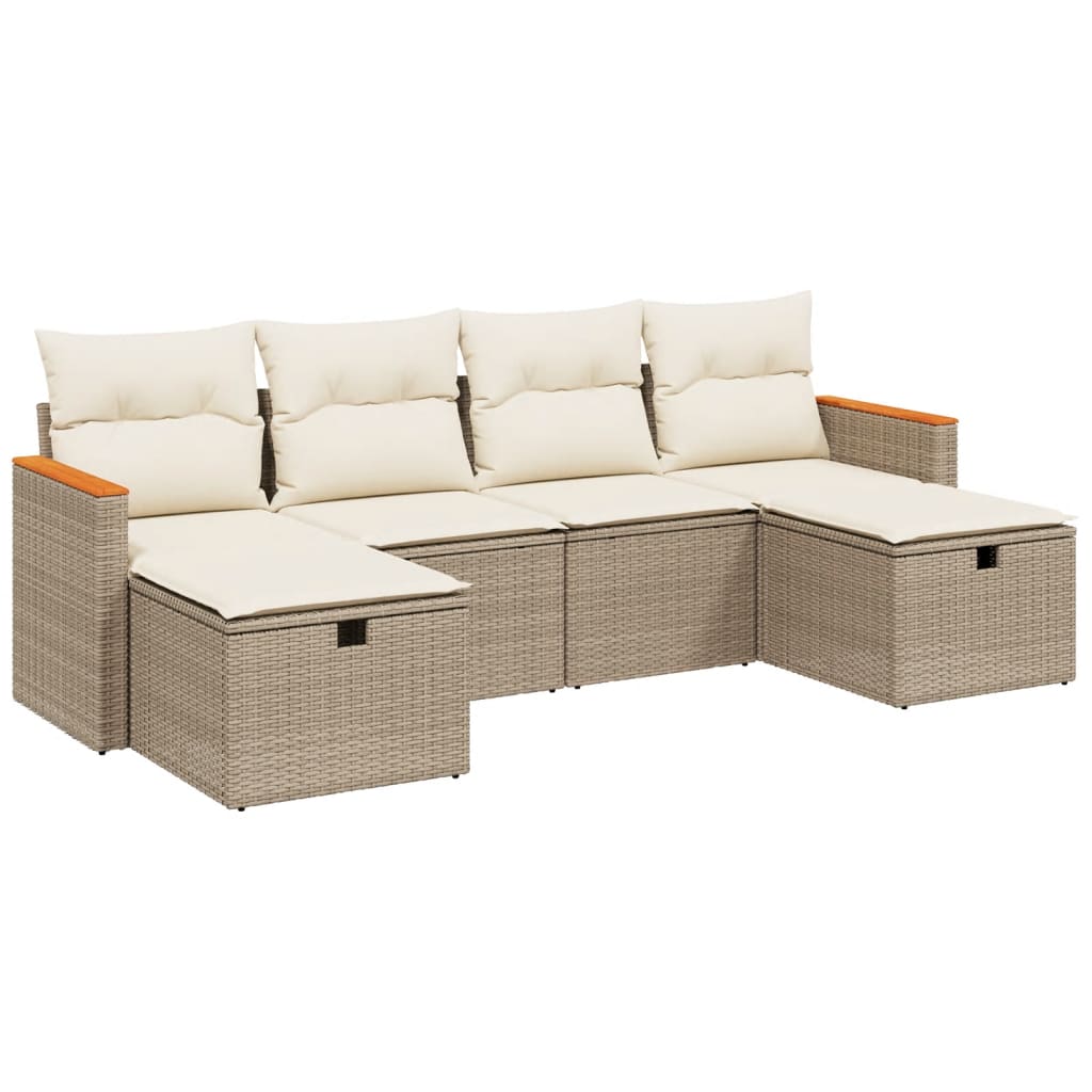 6-delige Loungeset met kussens poly rattan beige