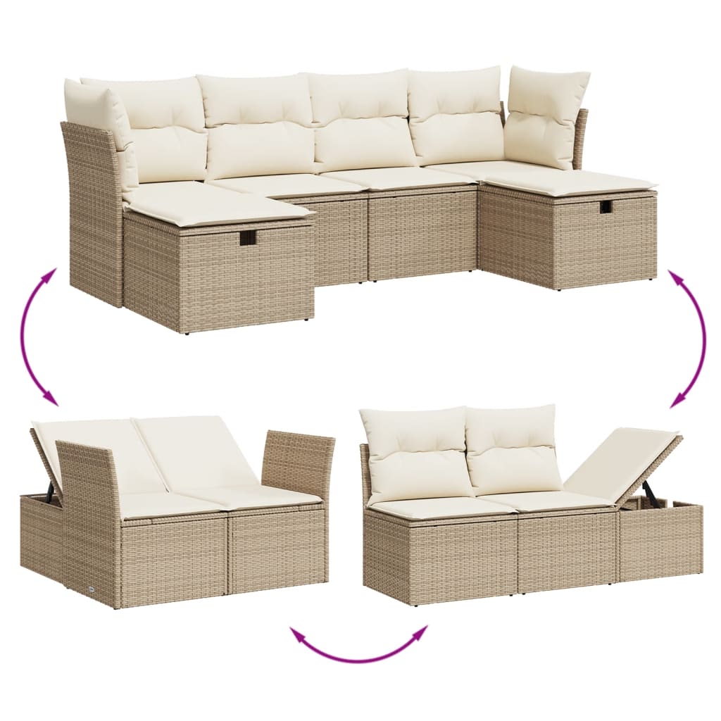 6-delige Loungeset met kussens poly rattan beige