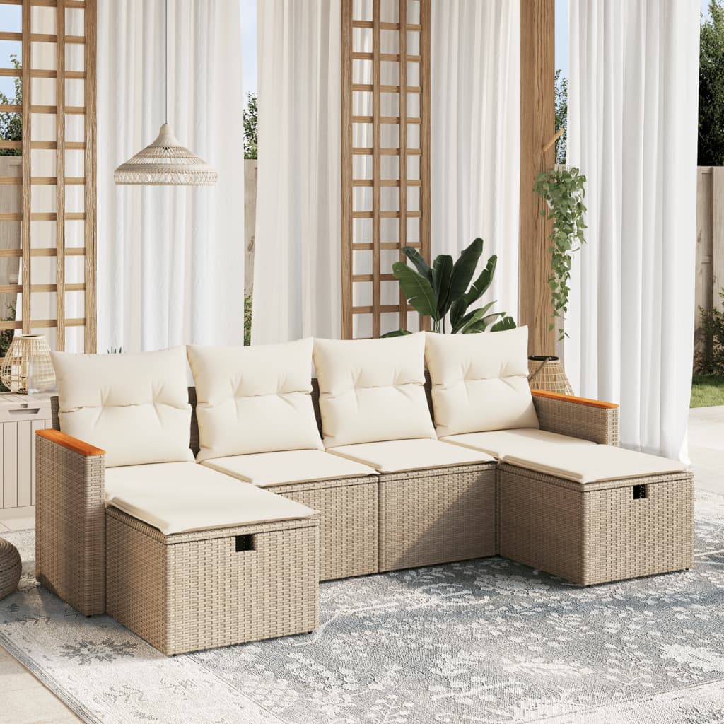 6-delige Loungeset met kussens poly rattan beige