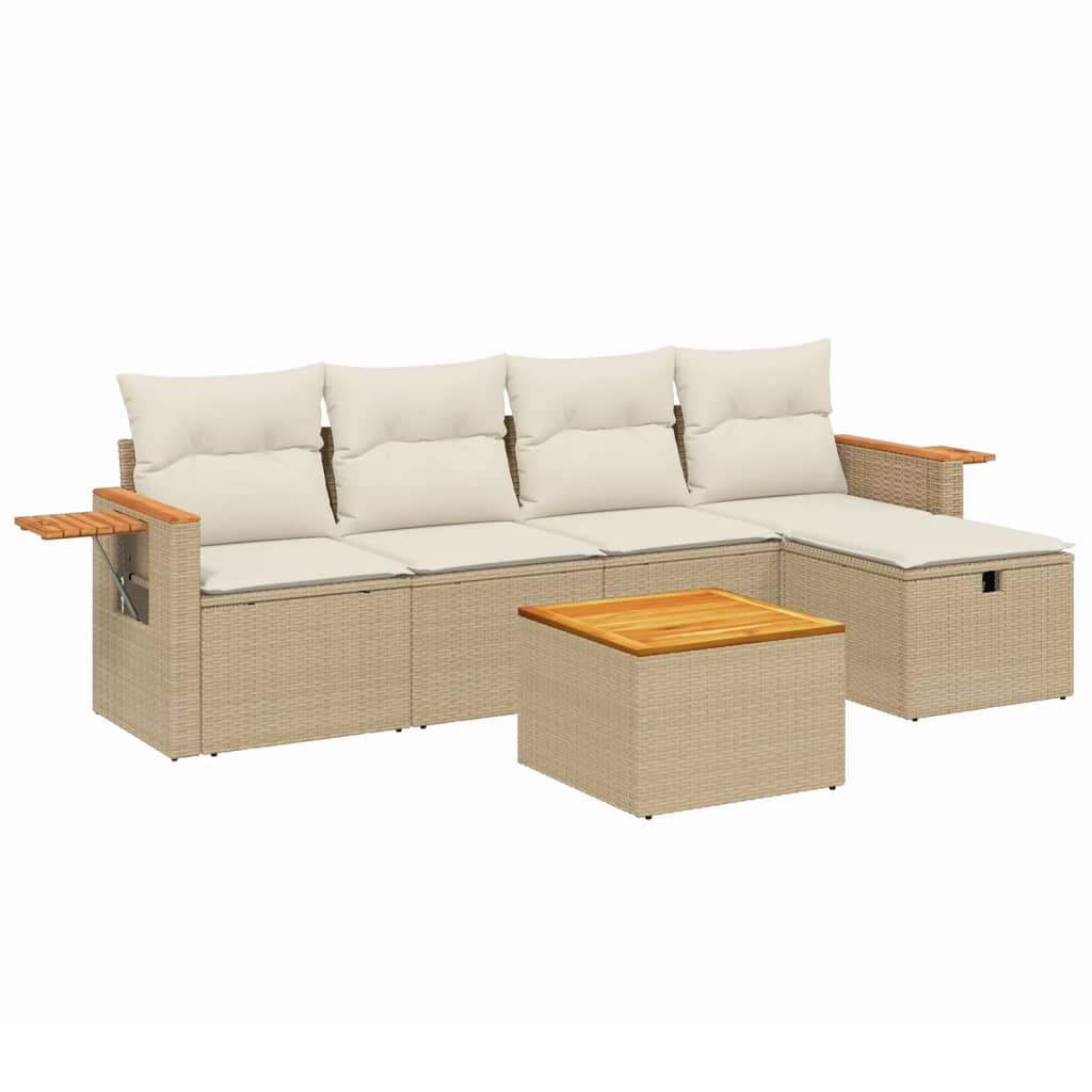 6-delige Loungeset met kussens poly rattan beige