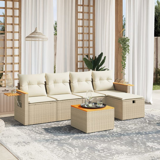 6-delige Loungeset met kussens poly rattan beige