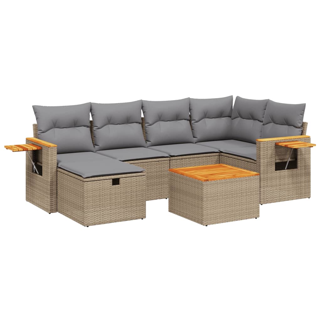 7-delige Loungeset met kussens poly rattan gemengd beige