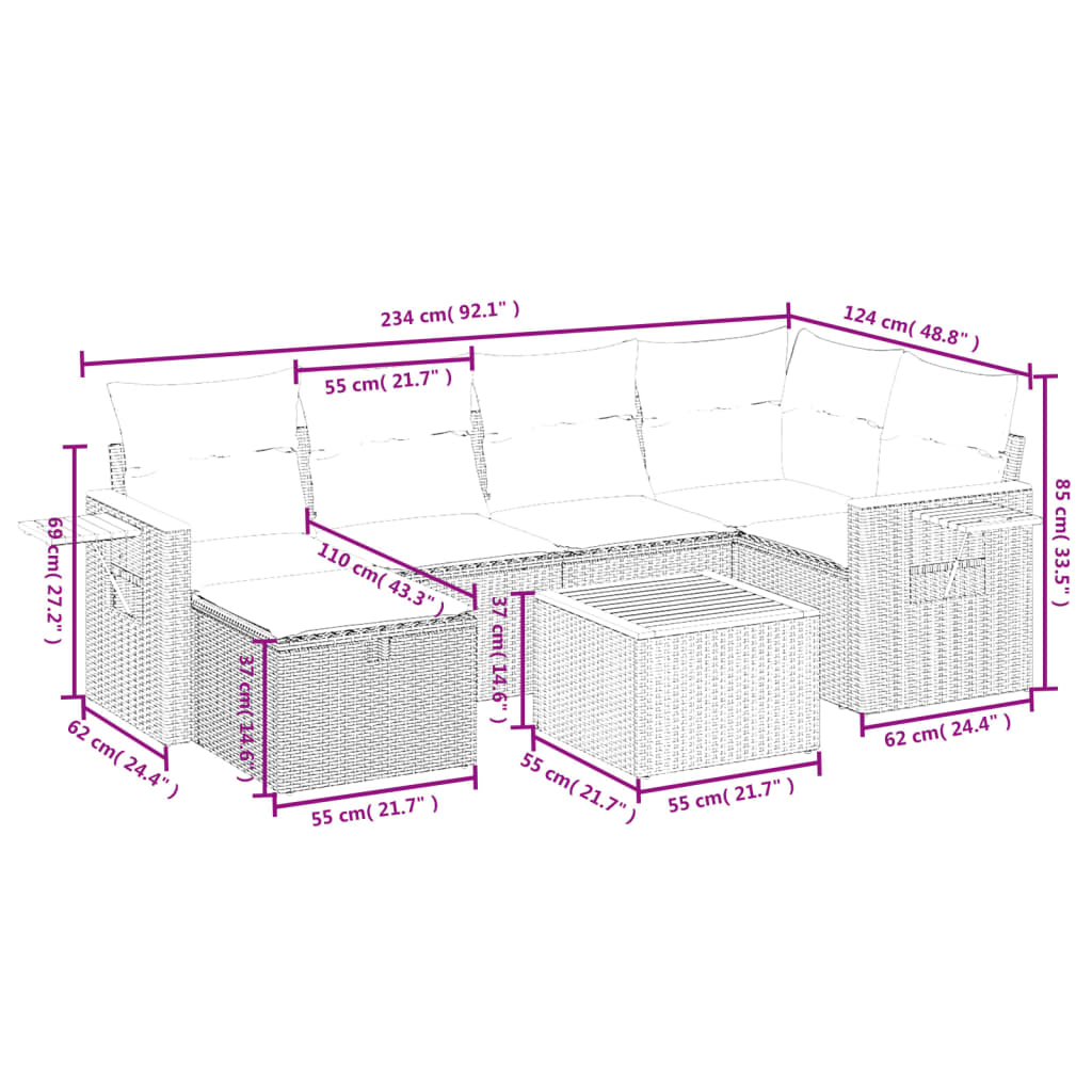 7-delige Loungeset met kussens poly rattan gemengd beige