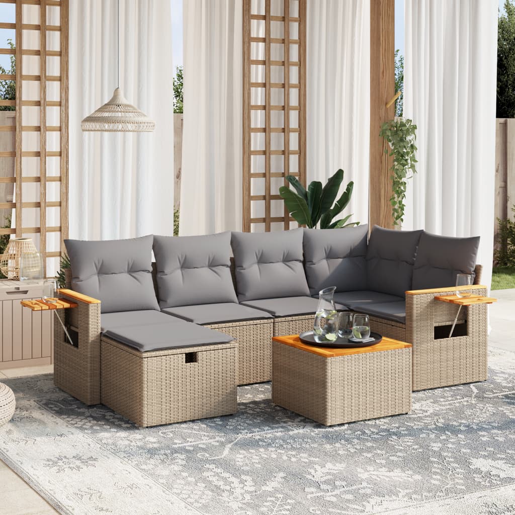 7-delige Loungeset met kussens poly rattan gemengd beige