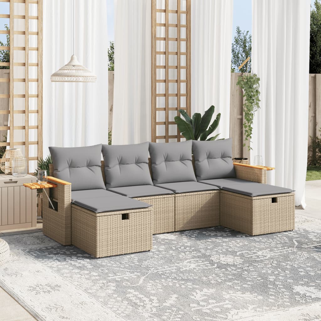 6-delige Loungeset met kussens poly rattan gemengd beige Tuinsets | Creëer jouw Trendy Thuis | Gratis bezorgd & Retour | Trendy.nl