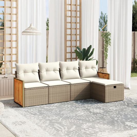 5-delige Loungeset met kussens poly rattan beige