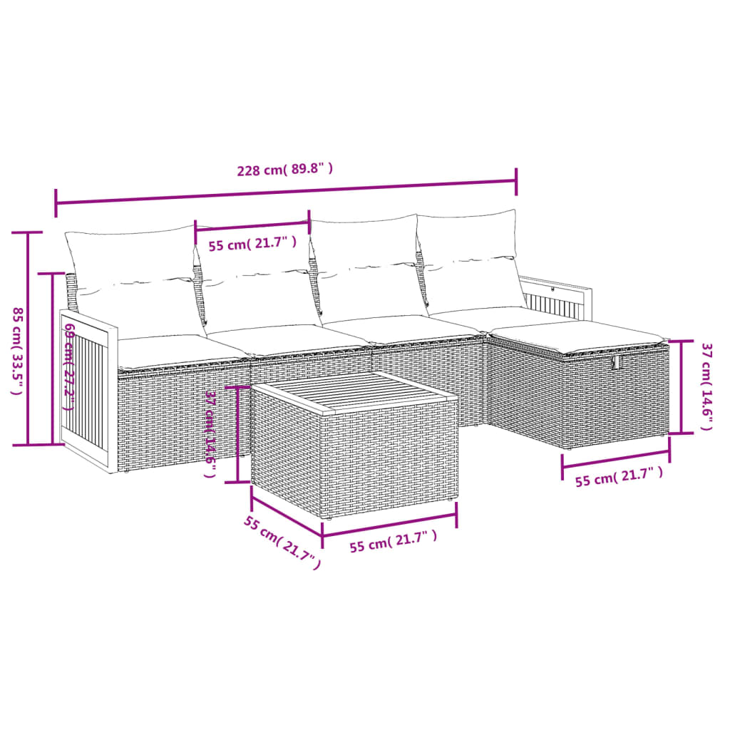 6-delige Loungeset met kussens poly rattan beige