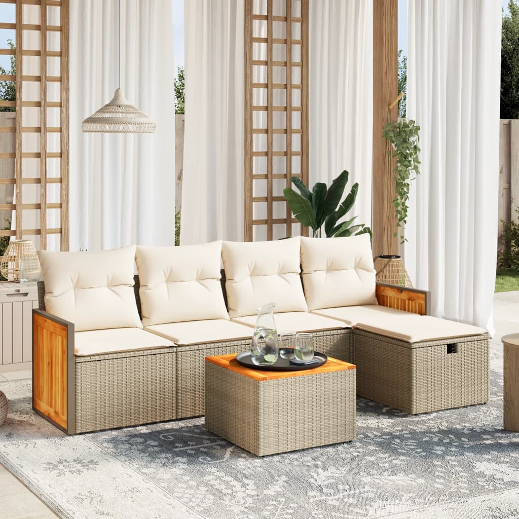 6-delige Loungeset met kussens poly rattan beige