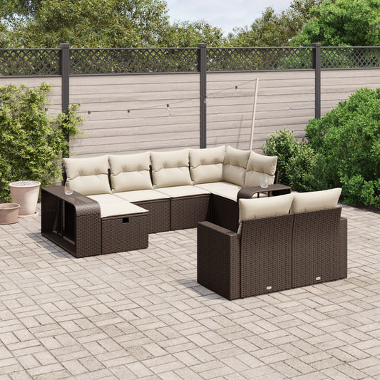 10-delige Loungeset met kussens poly rattan bruin