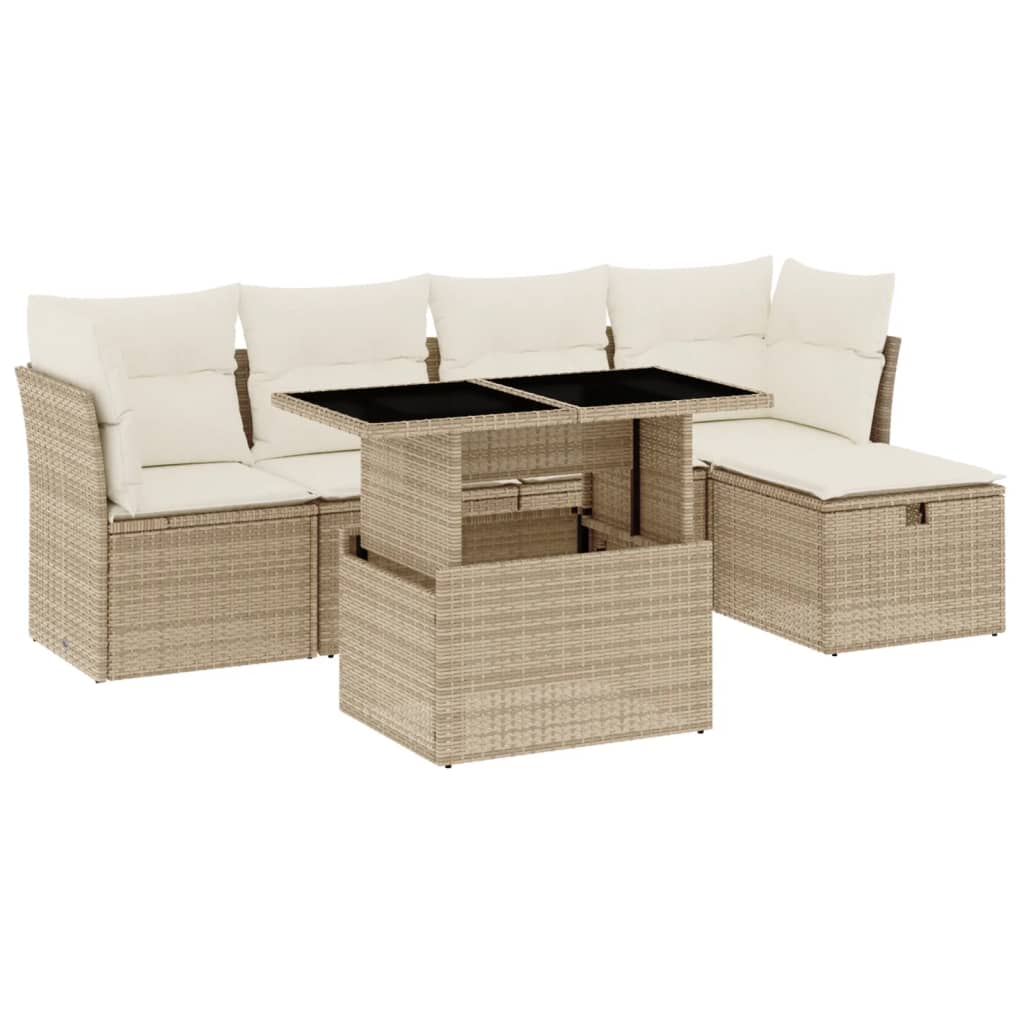 6-delige Loungeset met kussens poly rattan beige