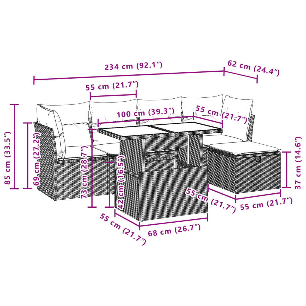 6-delige Loungeset met kussens poly rattan beige