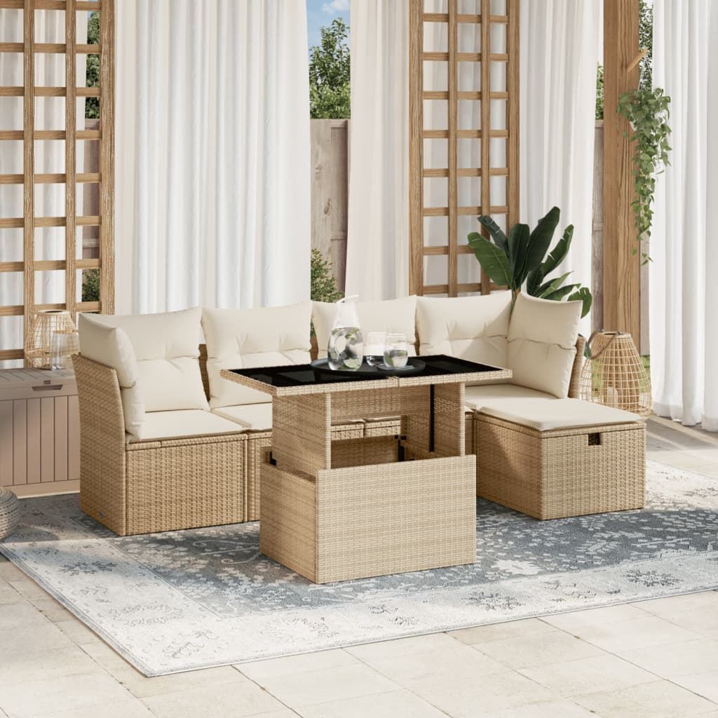 6-delige Loungeset met kussens poly rattan beige