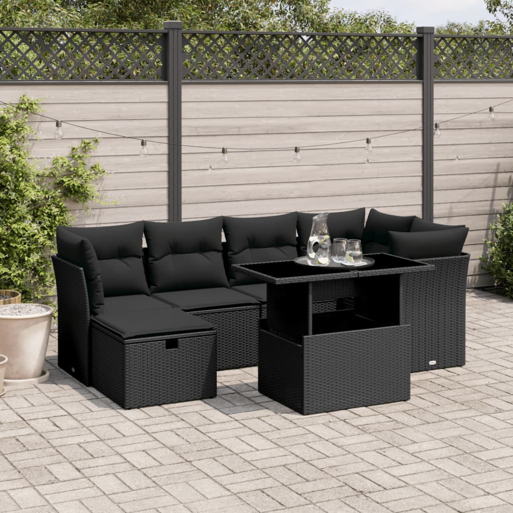 7-delige Loungeset met kussens poly rattan zwart Tuinsets | Creëer jouw Trendy Thuis | Gratis bezorgd & Retour | Trendy.nl