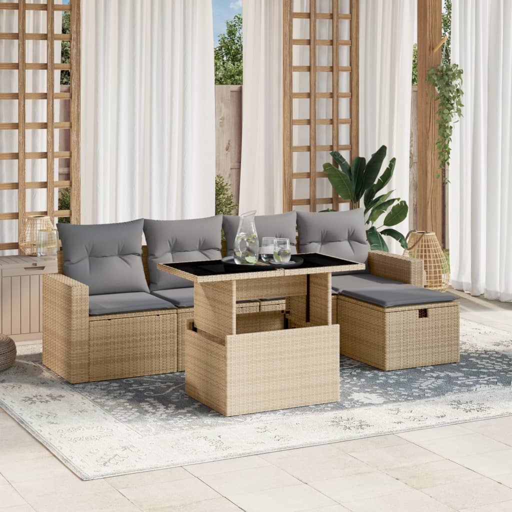 6-delige Loungeset met kussens poly rattan beige Tuinsets | Creëer jouw Trendy Thuis | Gratis bezorgd & Retour | Trendy.nl