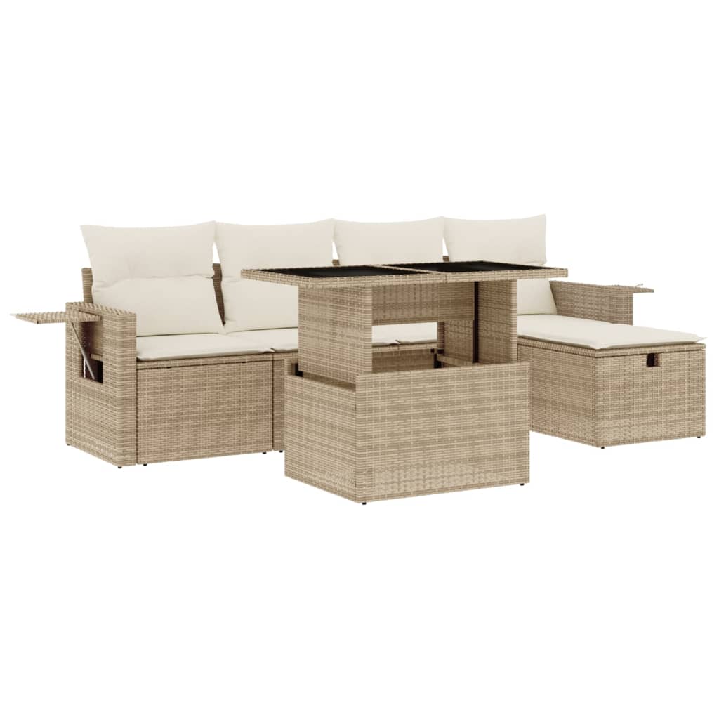 6-delige Loungeset met kussens poly rattan beige