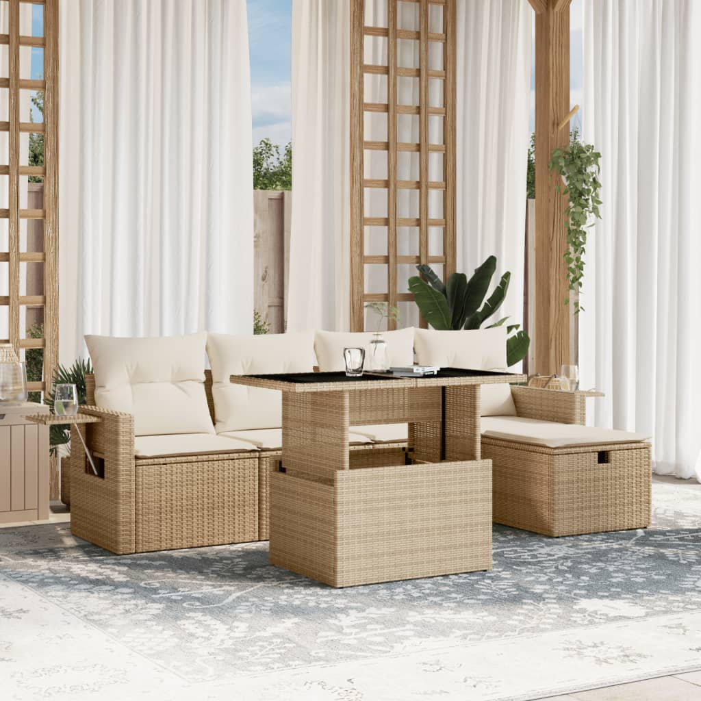 6-delige Loungeset met kussens poly rattan beige