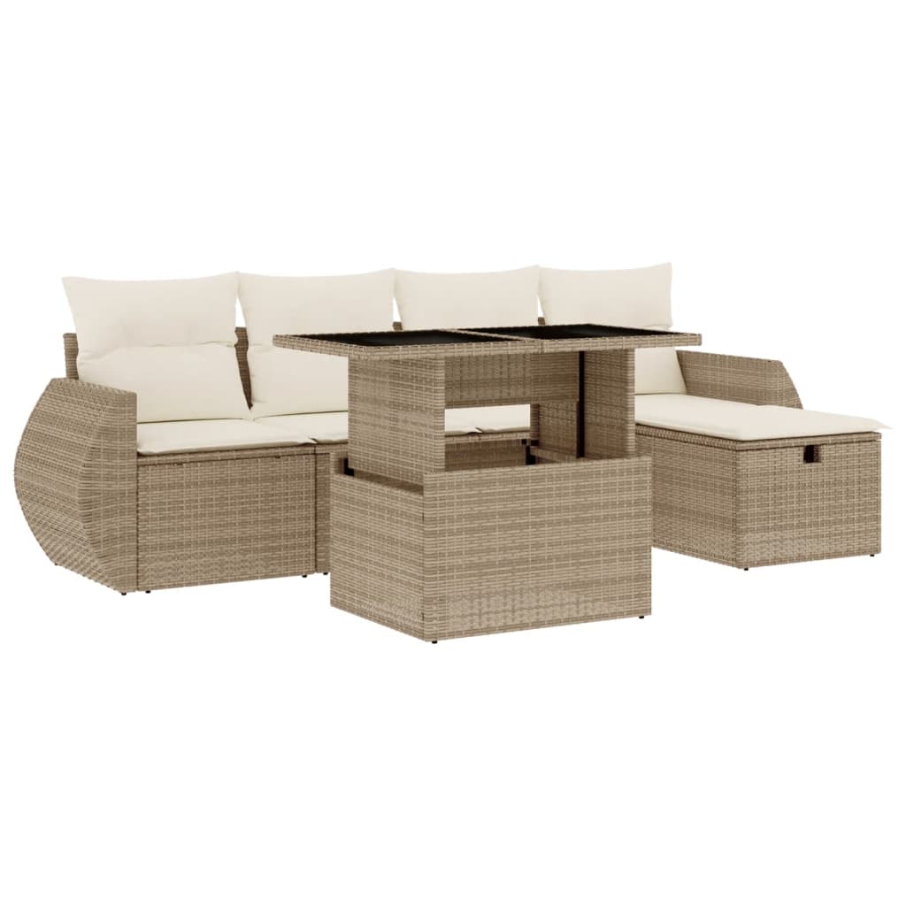 6-delige Loungeset met kussens poly rattan beige