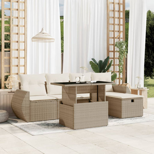 6-delige Loungeset met kussens poly rattan beige