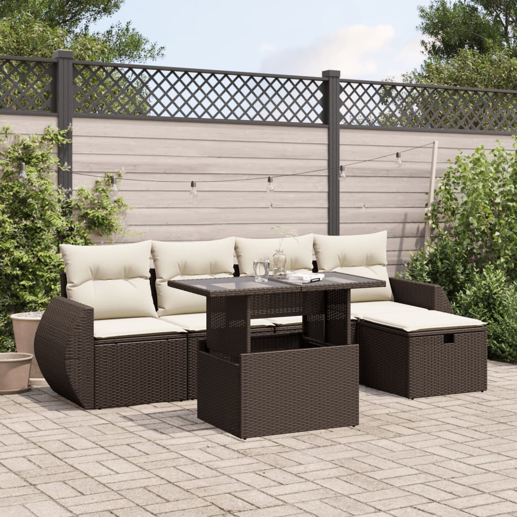 6-delige Loungeset met kussens poly rattan bruin