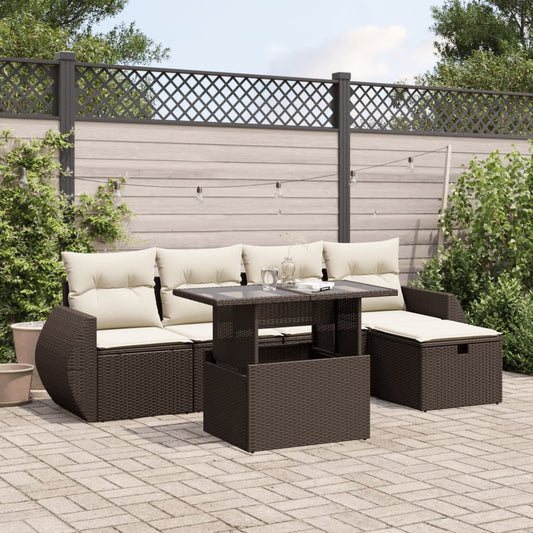 6-delige Loungeset met kussens poly rattan bruin