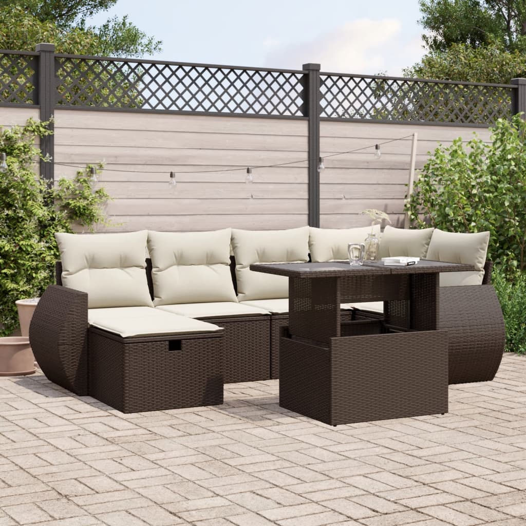 7-delige Loungeset met kussens poly rattan bruin