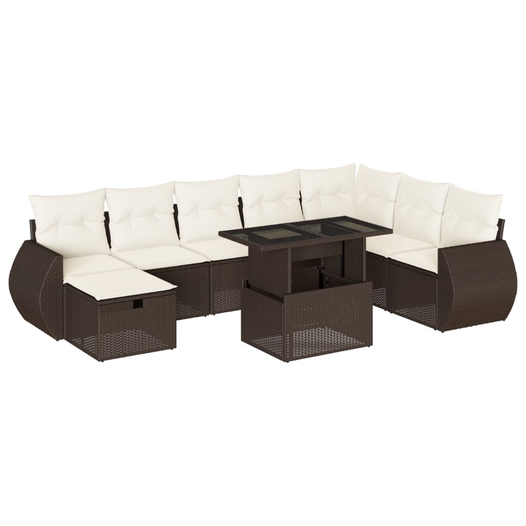 9-delige Loungeset met kussens poly rattan bruin