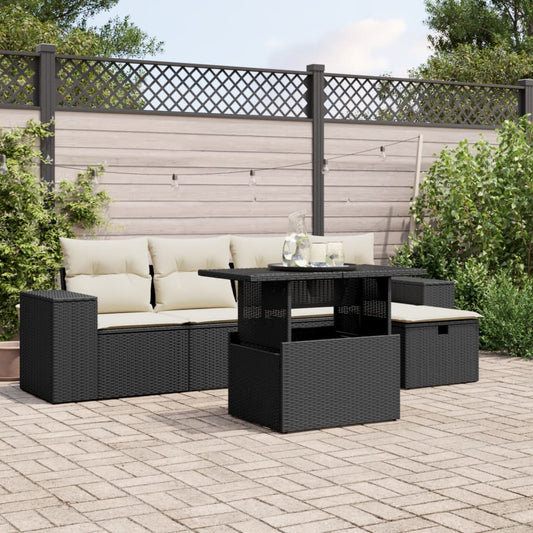 6-delige Loungeset met kussens poly rattan zwart