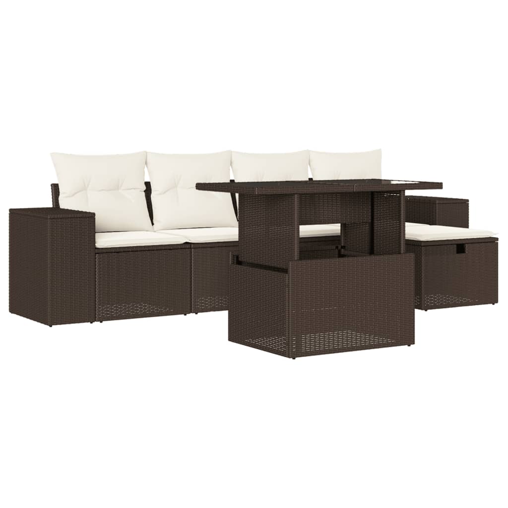 6-delige Loungeset met kussens poly rattan bruin