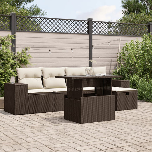 6-delige Loungeset met kussens poly rattan bruin