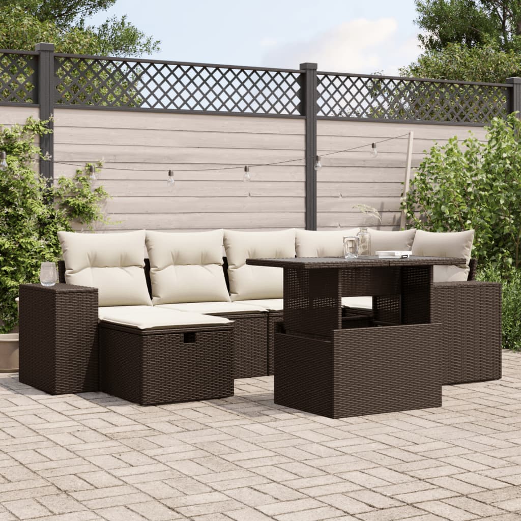 7-delige Loungeset met kussens poly rattan bruin