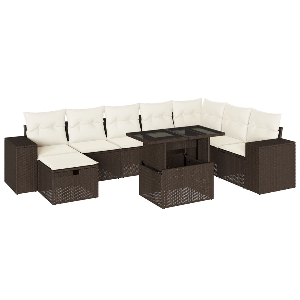 9-delige Loungeset met kussens poly rattan bruin