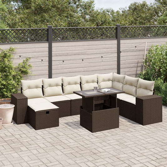 9-delige Loungeset met kussens poly rattan bruin