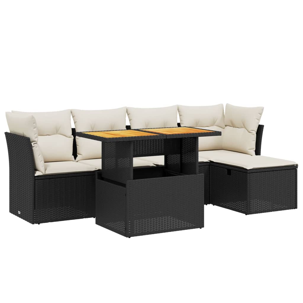 6-delige Loungeset met kussens poly rattan zwart