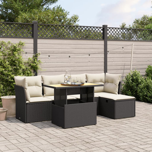 6-delige Loungeset met kussens poly rattan zwart