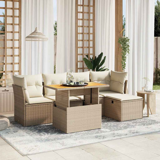 6-delige Loungeset met kussens poly rattan beige