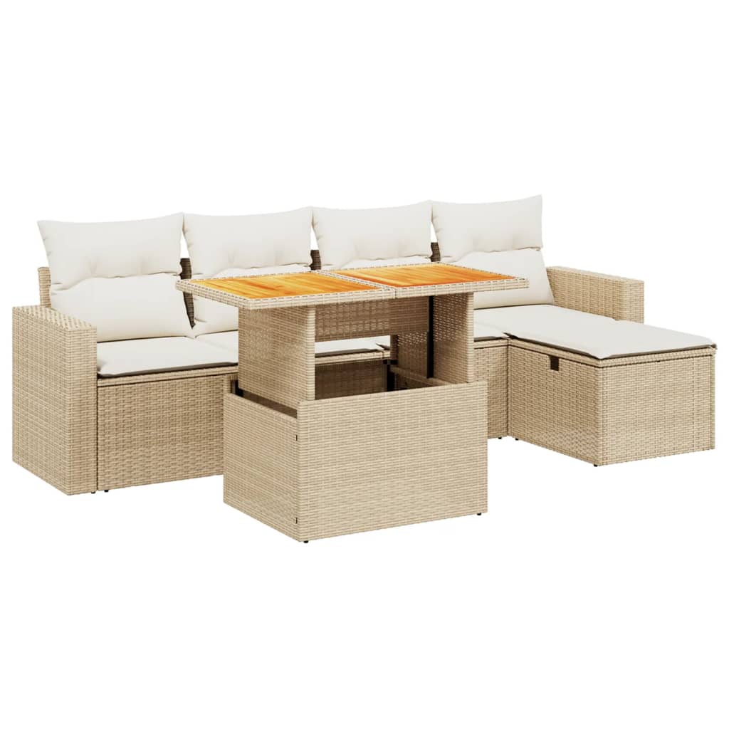 6-delige Loungeset met kussens poly rattan beige