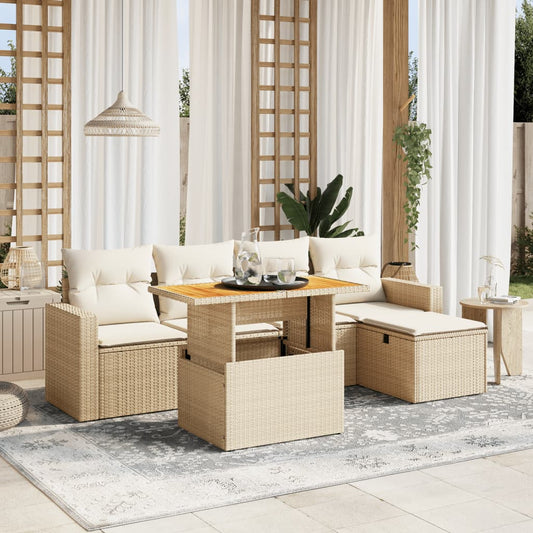 6-delige Loungeset met kussens poly rattan beige