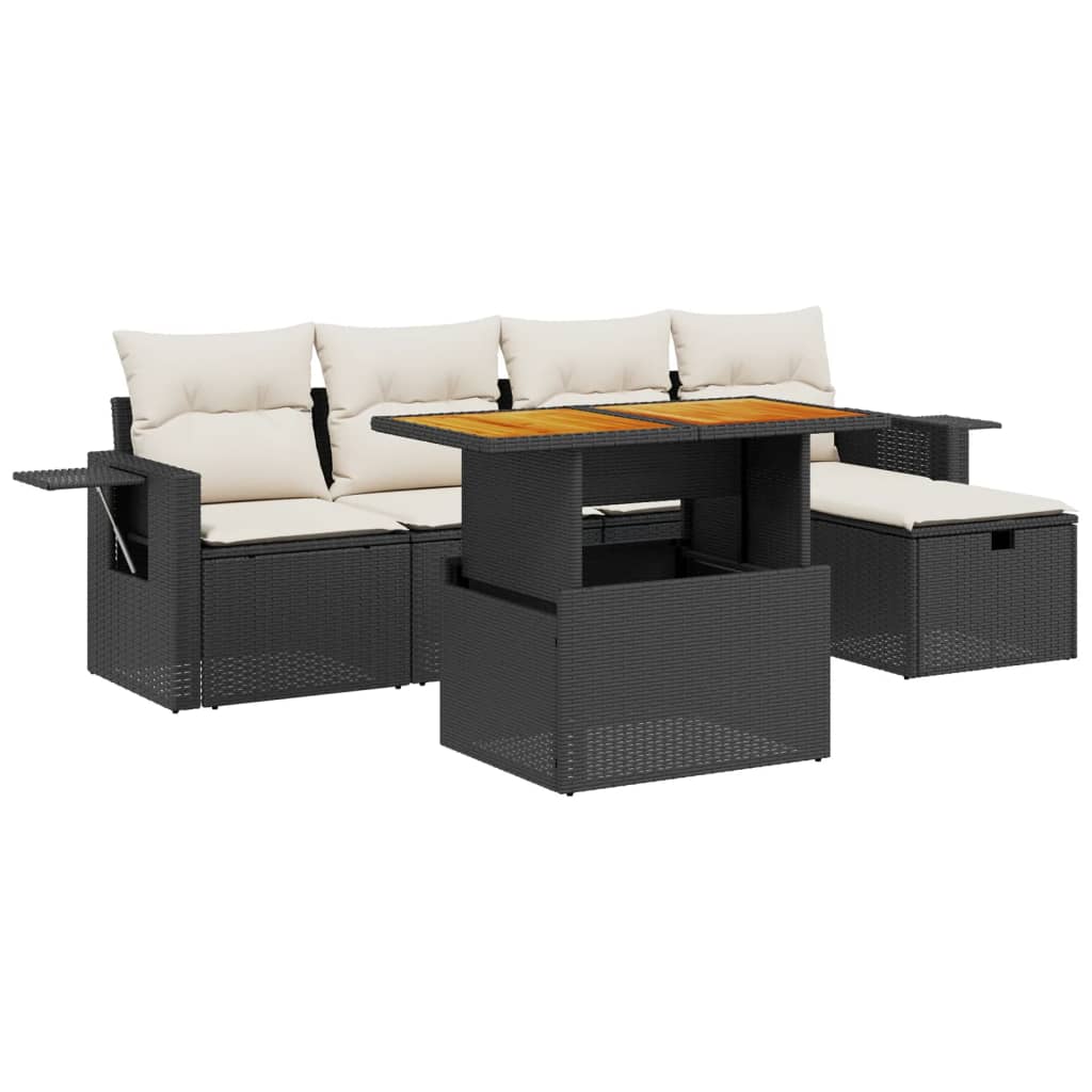 6-delige Loungeset met kussens poly rattan zwart