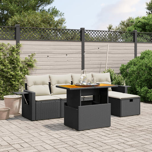 6-delige Loungeset met kussens poly rattan zwart