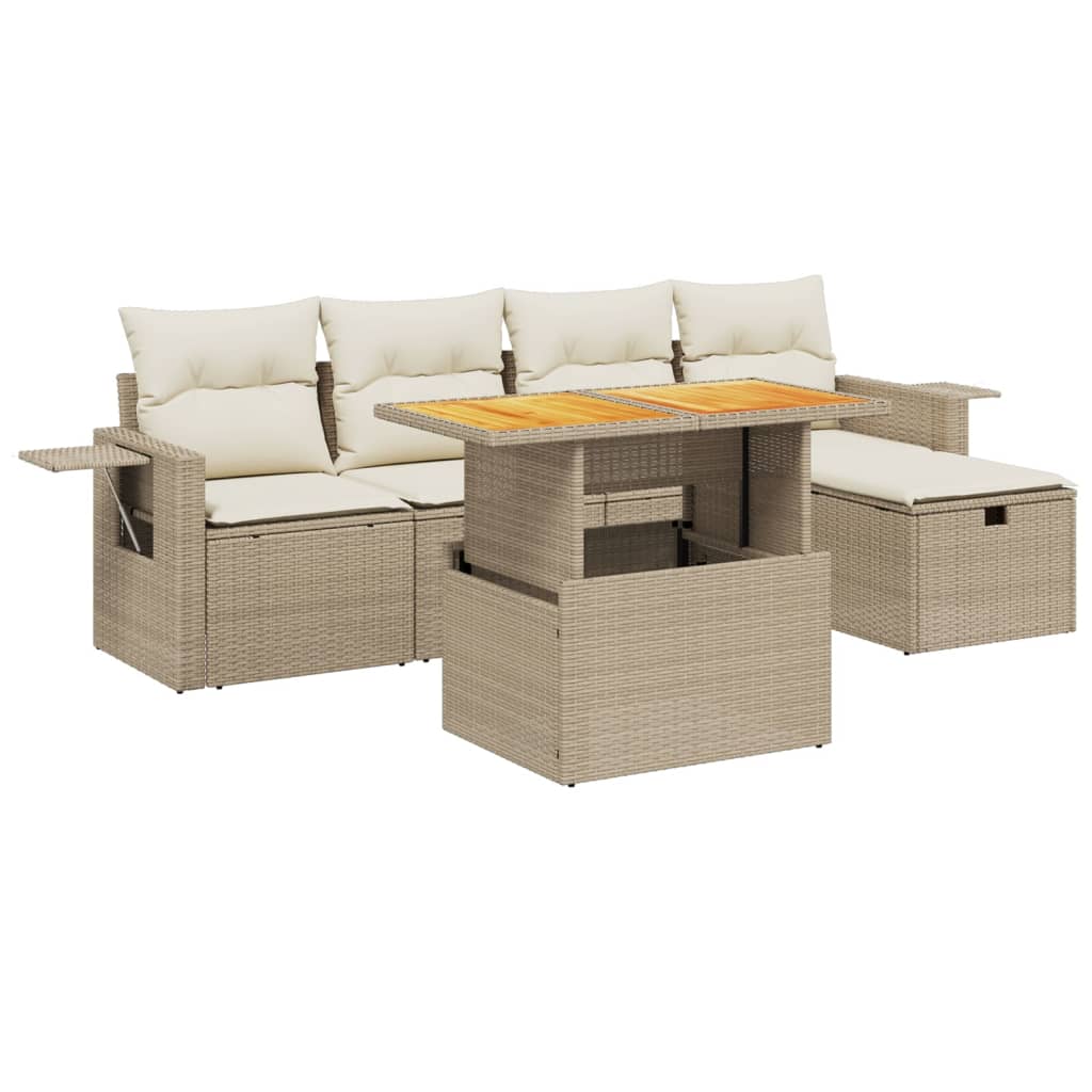 6-delige Loungeset met kussens poly rattan beige