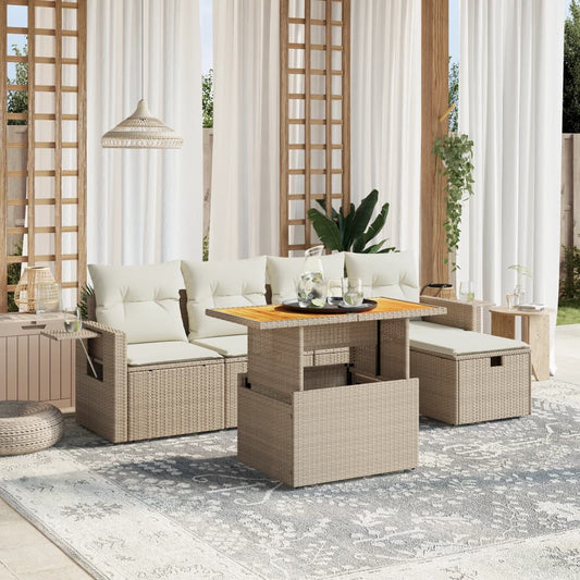 6-delige Loungeset met kussens poly rattan beige