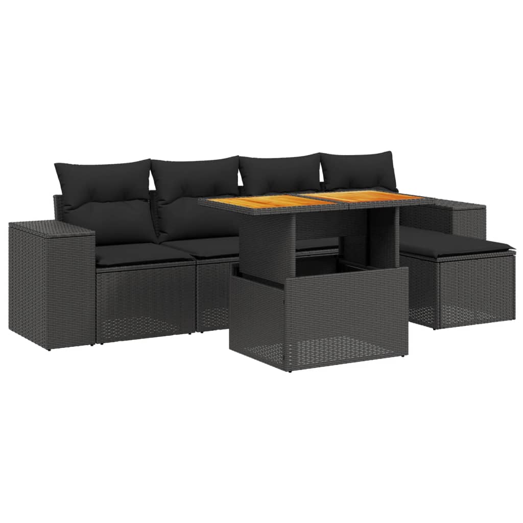 6-delige Loungeset met kussens poly rattan zwart