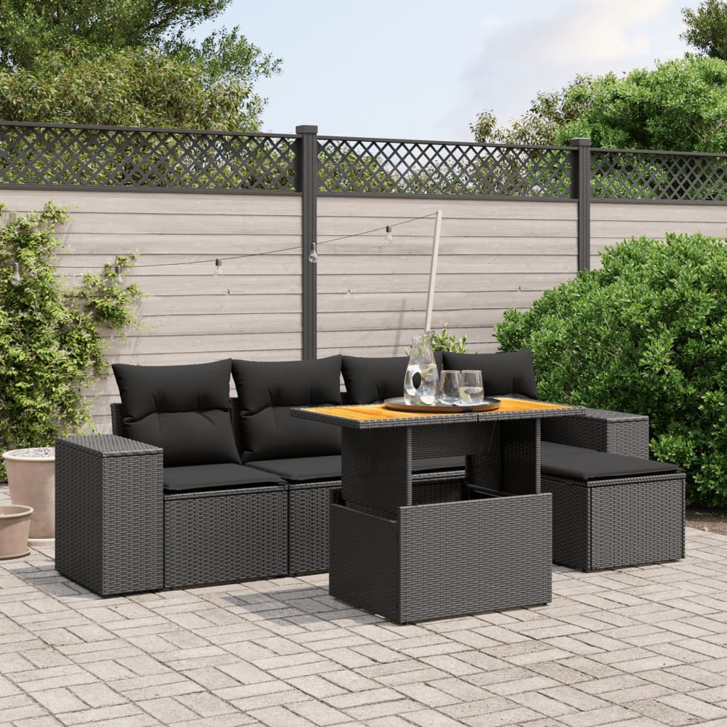 6-delige Loungeset met kussens poly rattan zwart