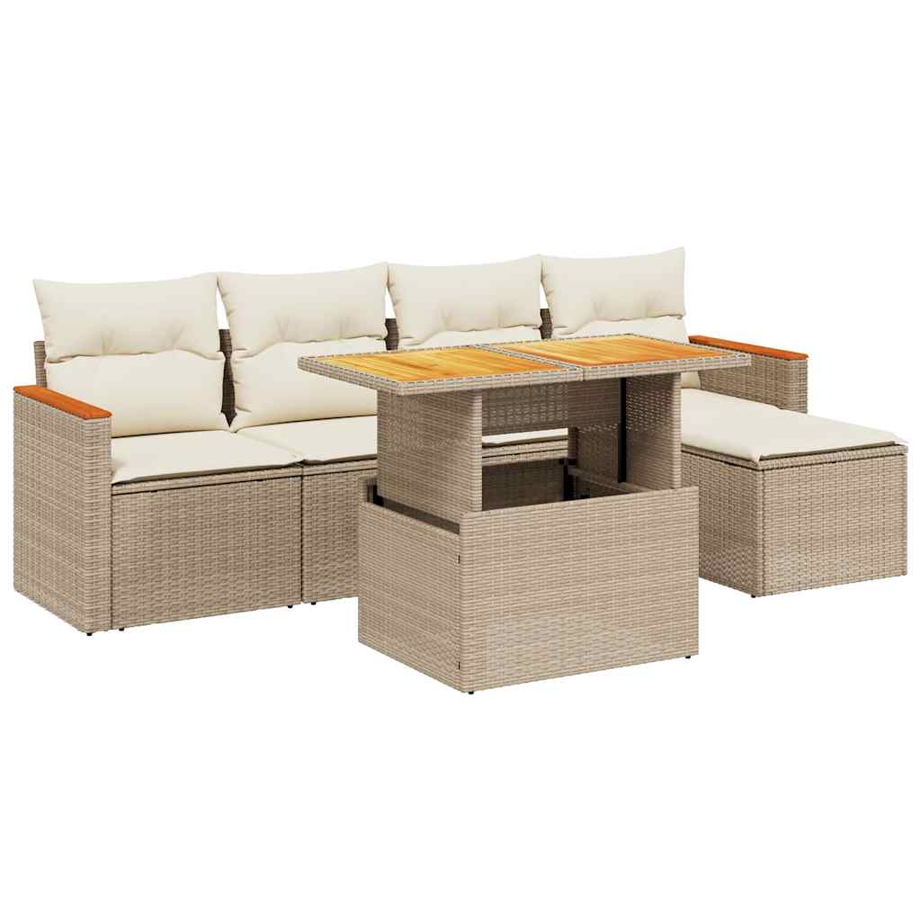 6-delige Loungeset met kussens poly rattan beige